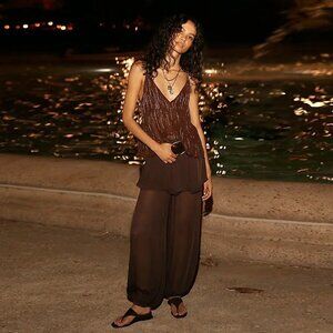 NWT New $128 Free People Tongue Tied Sheer Espresso Balloon Pants Size L